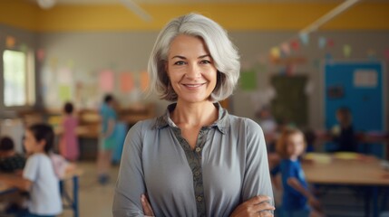 middle age woman with grey hair preschool teacher smiling confident standing at kindergarten.