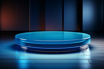 Poster - Abstract blue neon round pedestal on dark background. 3D rendering podium