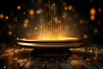 Poster - 3D Illustration of a Golden Fountain on a Black Background. Podium
