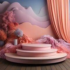 Poster - 3d render of podiums with pink fabric and flower in the background