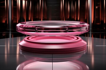 Poster - 3d rendering, round podium with neon lights in the dark room