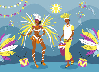 Poster - Hand drawn flat brazilian carnival background with dancers wearing feather costumes