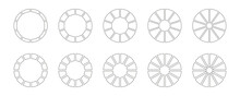 Circle Division On 10, 12 Equal Parts. Wheel Round Divided Diagrams With Ten, Twelve Segments. Set Of Infographic. Coaching Blank. Section Graph Line Art. Pie, Pizza Chart Icons. Outline Donut Charts.