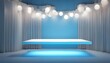© Michelle D. Parker - product display dais, floating, blue with retro globe lights and curtains