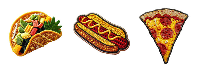 embroidered patch sticker food set tacos, hotdog, pizza on transparent background