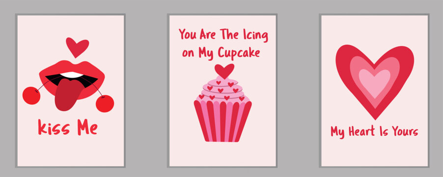 Three Valentine’s day cards set with funny valentine’s cupcake , cherry lips and retro hearts. Template for greeting cards, postcards and social media ads 