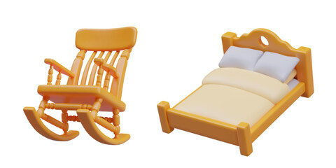 Orange realistic rocking chair and comfortable bed for sleeping. Collection for bedroom in yellow colors. Vector illustration in 3d style with white background