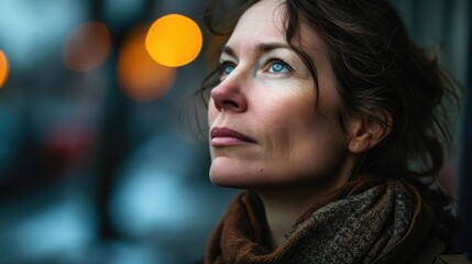 Wall Mural - A close-up portrait of a woman with freckles, gazing outside with a subtle smile.