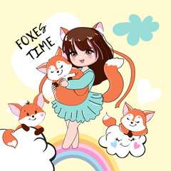 Wall Mural - Adorable little cartoon girl in anime style with cute foxes and cloud. Fox costume. Vector illustration for children. T-shirt design print