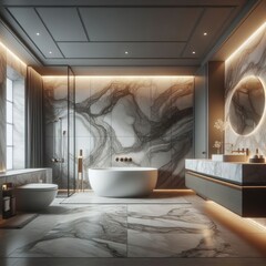 Wall Mural - one of the bathrooms, which are part of this kitchen is marble, in the style of vray tracing, gray and brown, modern european ink painting