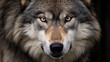 Timber wolf portrait. A close-up photo of a menacing wolf with a yellow eyes. Generative AI