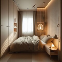 Wall Mural - a bed room with a neatly made bed, minimalist interior design