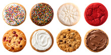 Collection Of Round Cookie Cookies Biscuit, Sprinkle And Icing Set, On Transparent Background Cutout. PNG File. Many Assorted Different Flavour. Mockup Template For Artwork Design