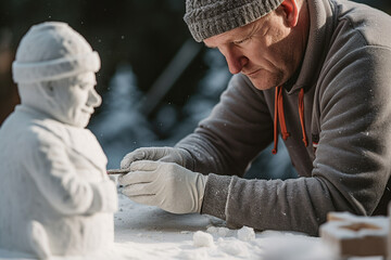 Canvas Print - New year Christmas leisure time people making funny snowman outdoors frosty day Generative AI