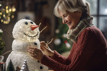 Canvas Print - New year Christmas leisure time people making funny snowman outdoors frosty day Generative AI