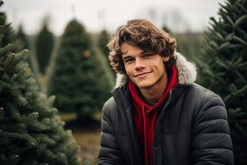 Canvas Print - AI generated picture of happy teenager man on christmas tree market