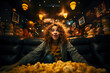 Excited young woman scared shocked or impressed holding a lot of huge bunch of popcorn. Enjoy watching horror movie or thriller in the cinema hall.