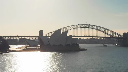 Canvas Print - Sydney Harbour Bridge backlit, aerial view on a beautiful summer morning, NSW, Australia