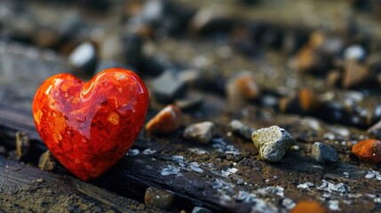 Poster -  a red heart shaped object sitting on top of a piece of wood next to a pile of rocks and gravel.