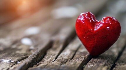  a red heart shaped object sitting on top of a wooden table next to a blurry image of a building.