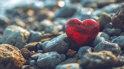 Poster -  a red heart sitting on top of a pile of rocks next to a pile of rocks and a pile of rocks.