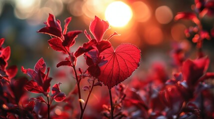 Sticker -  a close up of a plant with a heart shaped leaf in the middle of the plant with the sun in the background.