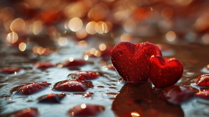 Sticker -  a couple of red hearts sitting on top of a puddle of water next to a couple of drops of water.