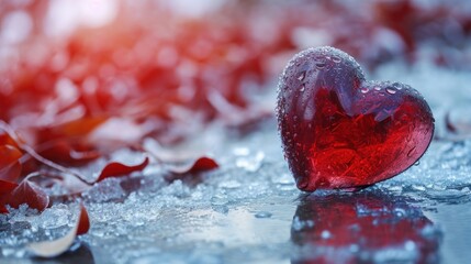 Poster -  a red heart sitting on top of a table next to a pile of ice and red leaves on the ground.