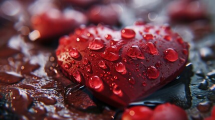 Sticker -  a close up of a heart shaped object with drops of water on the surface of the surface of the heart.