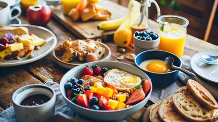 Poster -  a wooden table topped with a bowl of fruit next to a bowl of toast and a bowl of fruit on top of a plate.