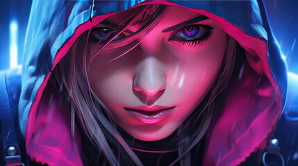 Beautiful cyberpunk girl with hooded jacket AI generated image