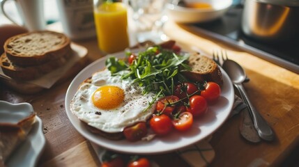 Poster -  a close up of a plate of food on a table with a fork and a glass of orange juice next to it.