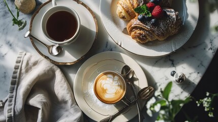 Wall Mural -  a table topped with two plates of food and a cup of coffee next to a plate of croissants.