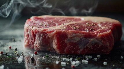  a close up of a piece of meat on a table with smoke coming out of the top of the steak.