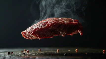 Wall Mural -  a piece of meat on a chopping board with smoke coming out of the top of the chopping board.