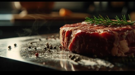 Poster -  a piece of raw meat with a sprig of rosemary on top of it on a metal cutting board.