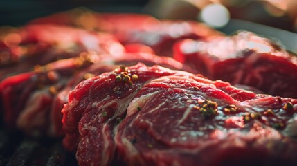 Wall Mural -  a close up of meat on a grill with pepper sprinkles on the top of the meat and on the bottom of the meat.