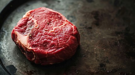 Canvas Print -  a piece of raw meat sitting on top of a black plate on top of a black tablecloth covered table.