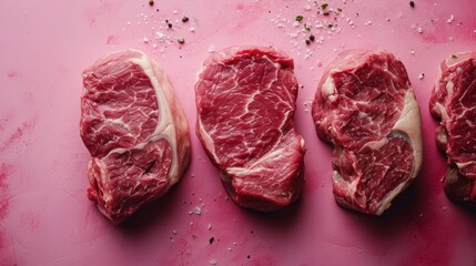 Canvas Print -  three pieces of raw meat sitting on top of a pink surface with sprinkles on top of them.