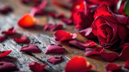 Sticker -  a close up of a rose petals on a wooden table with petals scattered on the table and a bottle of wine in the background.