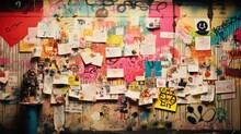  A Wall Covered In Lots Of Post It Notes And Stickers With A Yellow Sticker In The Middle Of It.
