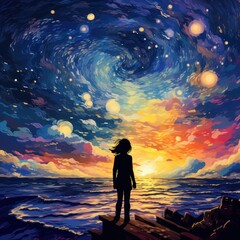 Poster -  a painting of a woman standing on a pier looking out at the ocean at night with stars in the sky.