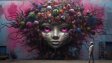 Canvas Print -  a large mural of a woman's face with purple eyes and lots of skulls on the side of a building.