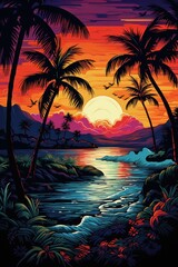 Wall Mural -  a painting of a sunset with palm trees in the foreground and a body of water in the foreground.