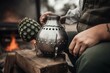 Enjoying Argentinean mate outdoors with traditional gourd and steel kettle. Generative AI