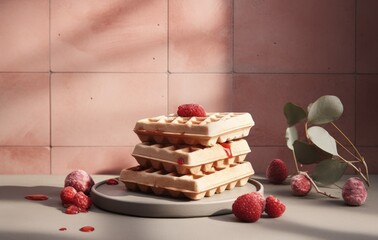 Wall Mural -  a stack of waffles sitting on top of a plate next to raspberries and a potted plant.