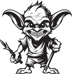 Wall Mural - Tiny Trickster Tales Black Goblin Logo Micro Mischief Cartoon Midget Goblin Icon