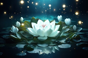 Sticker -  a group of white flowers floating on top of a body of water with lily pads on the bottom of the water.