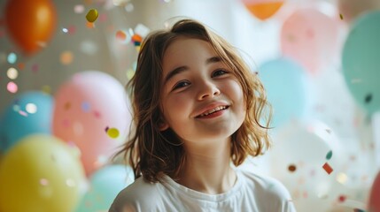 celebrate greeting birthday or happy new year festive event greeting event Happy young girl in plain white t shirt, at party having fun bright white room baloons and party stuff