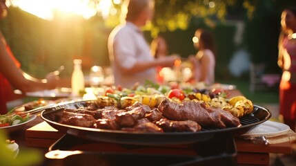 Wall Mural - Close Up, Backyard Dinner Table with Tasty Grilled Barbecue Meat, Fresh Vegetables and Salads. Happy Joyful People Dancing to Music, Celebrating 